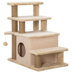 Adjustable Height 3 Step/4 Step Cat Stairs w/ Jute Cat Scratching Post, Cat Condo, Toy Ball, for Bed, Sofa, Couch, Beige
