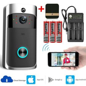 Smart Wireless WiFi Video Doorbell Phone Door Ring Intercom Security Camera Bell (Package: Doorbell+Battery+Charger+Chime)